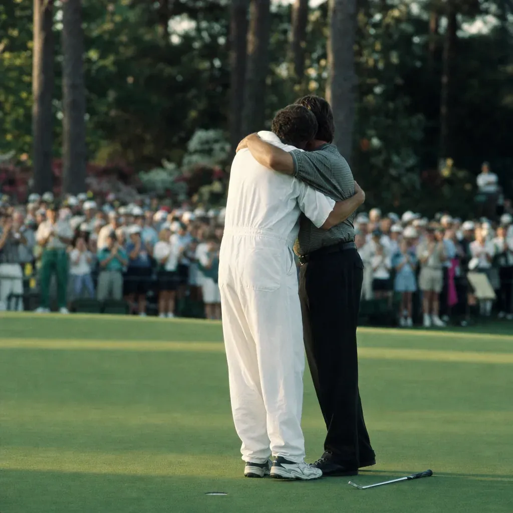 A golfer and caddie embrace on Augusta’s 18th green as spectators blur behind them.