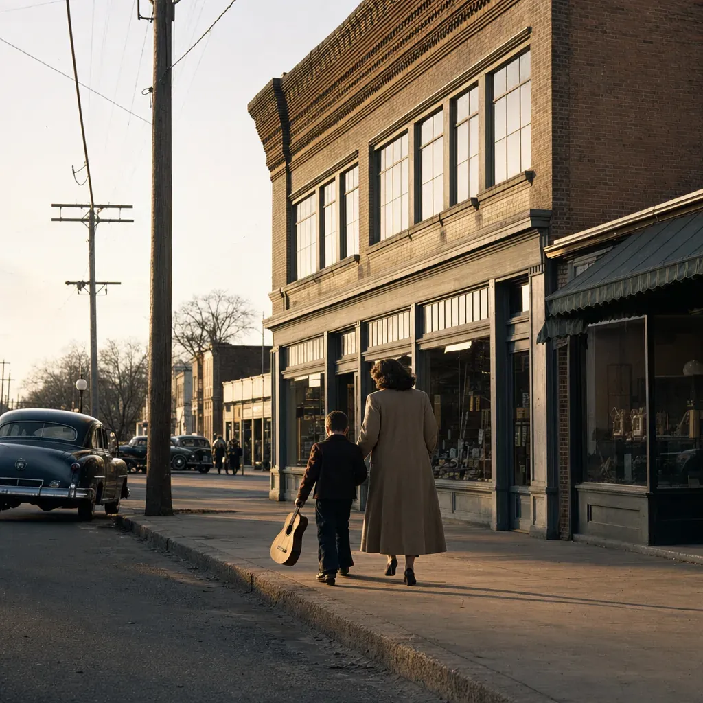 A woman and boy walk past a brick hardware storefront, the boy carrying a guitar.