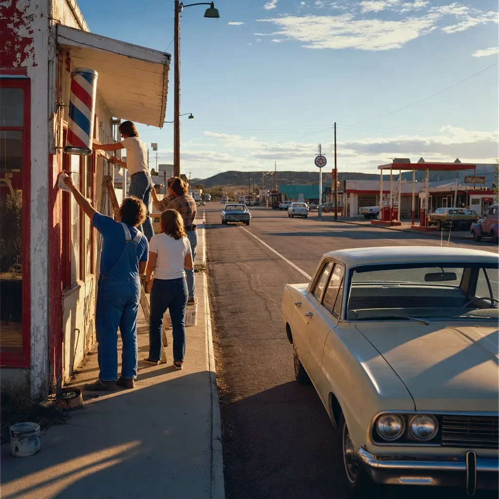 Residents restore a vintage roadside storefront along a quiet Arizona highway at sunset.