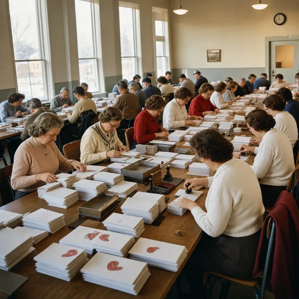 Volunteers stamp piles of valentine envelopes at long tables in a 1950s community workroom.