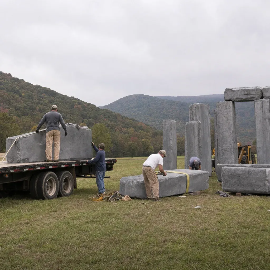 Large gray Foamhenge pieces lie on grass beside a trailer during dismantling in rural Virginia.