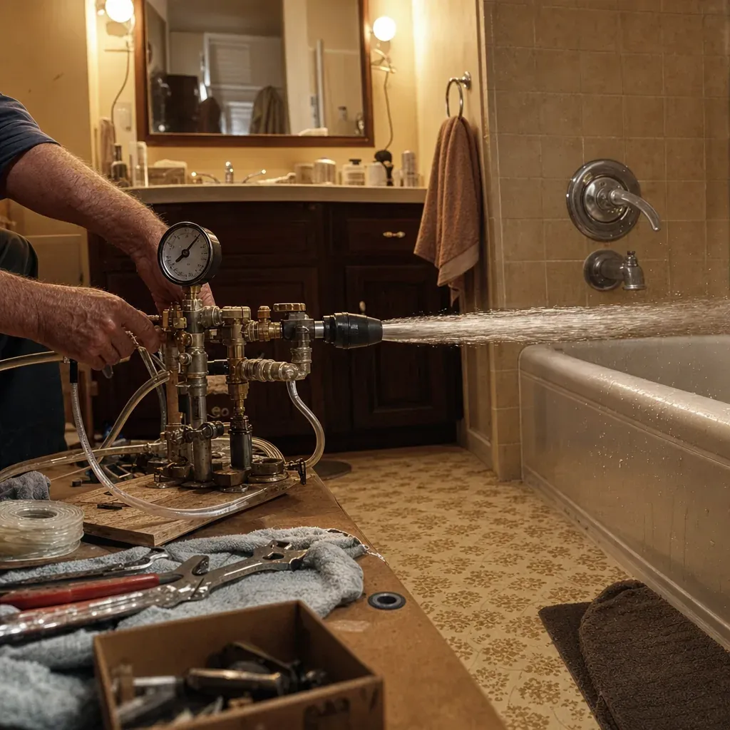 A prototype device sprays a strong stream of water across a 1980s bathroom.