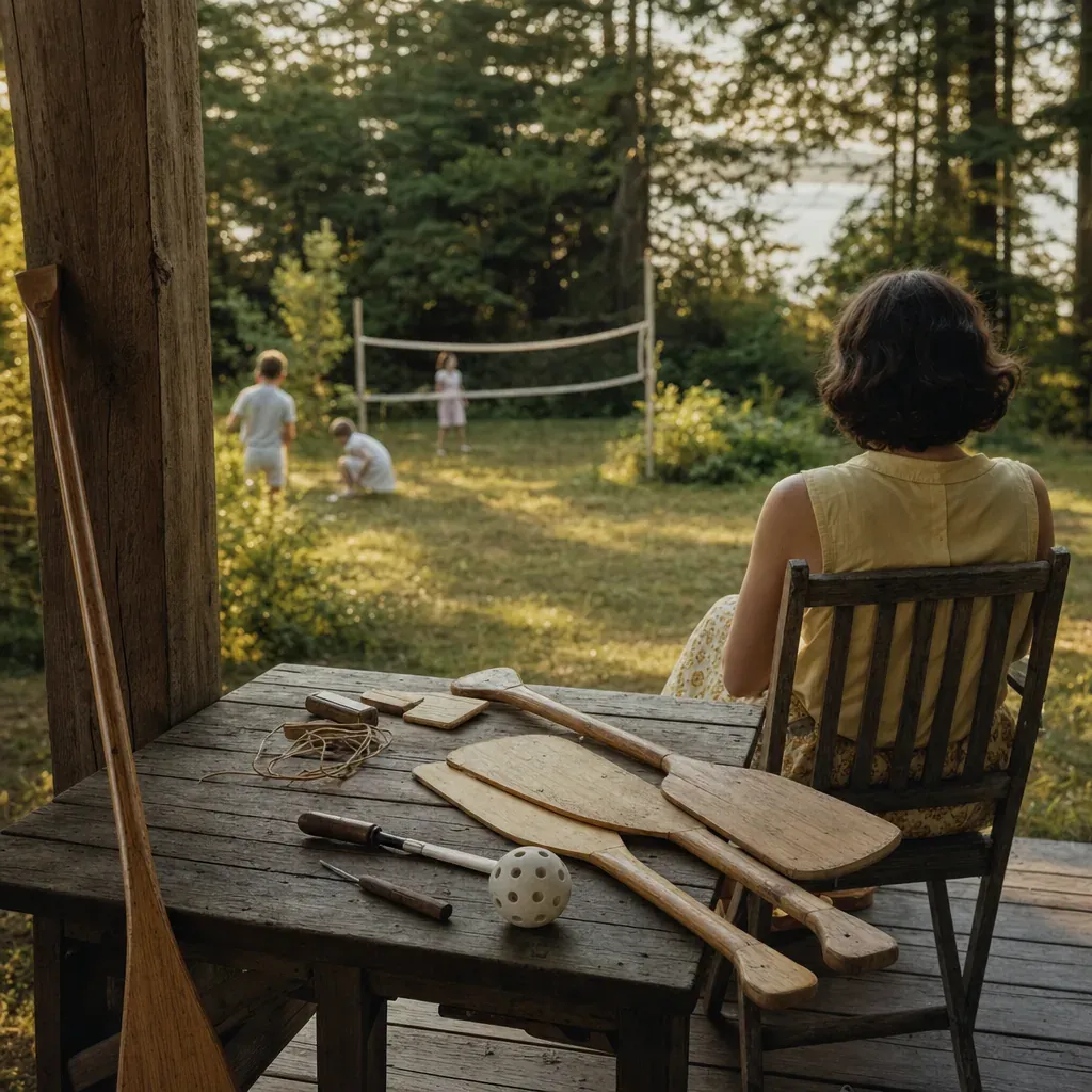 Homemade paddles, a plastic ball, and a rowing oar rest on a porch table.