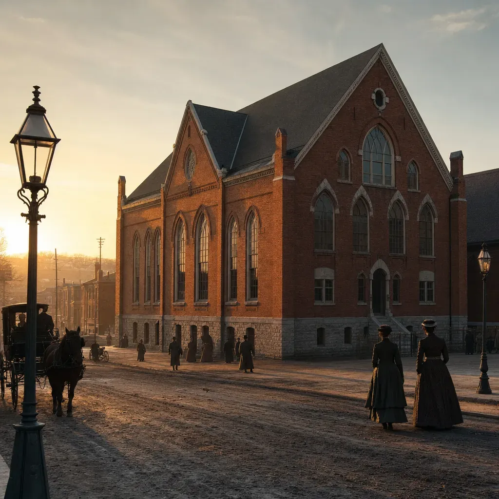 A red brick 1892 Nashville tabernacle stands on a dirt street with horses and Victorian pedestrians.