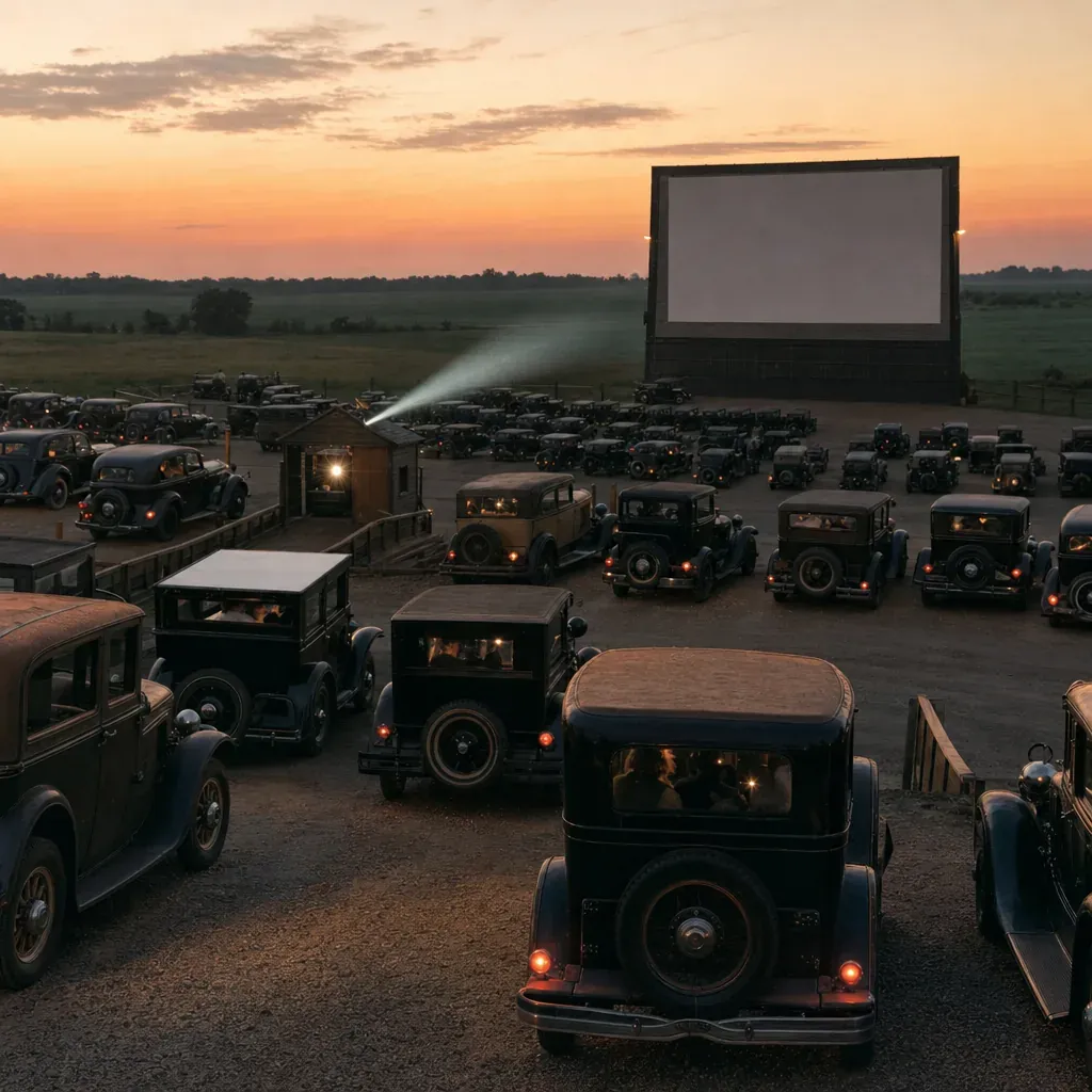Rows of 1930s cars face a large outdoor movie screen at dusk in a gravel drive-in theater.