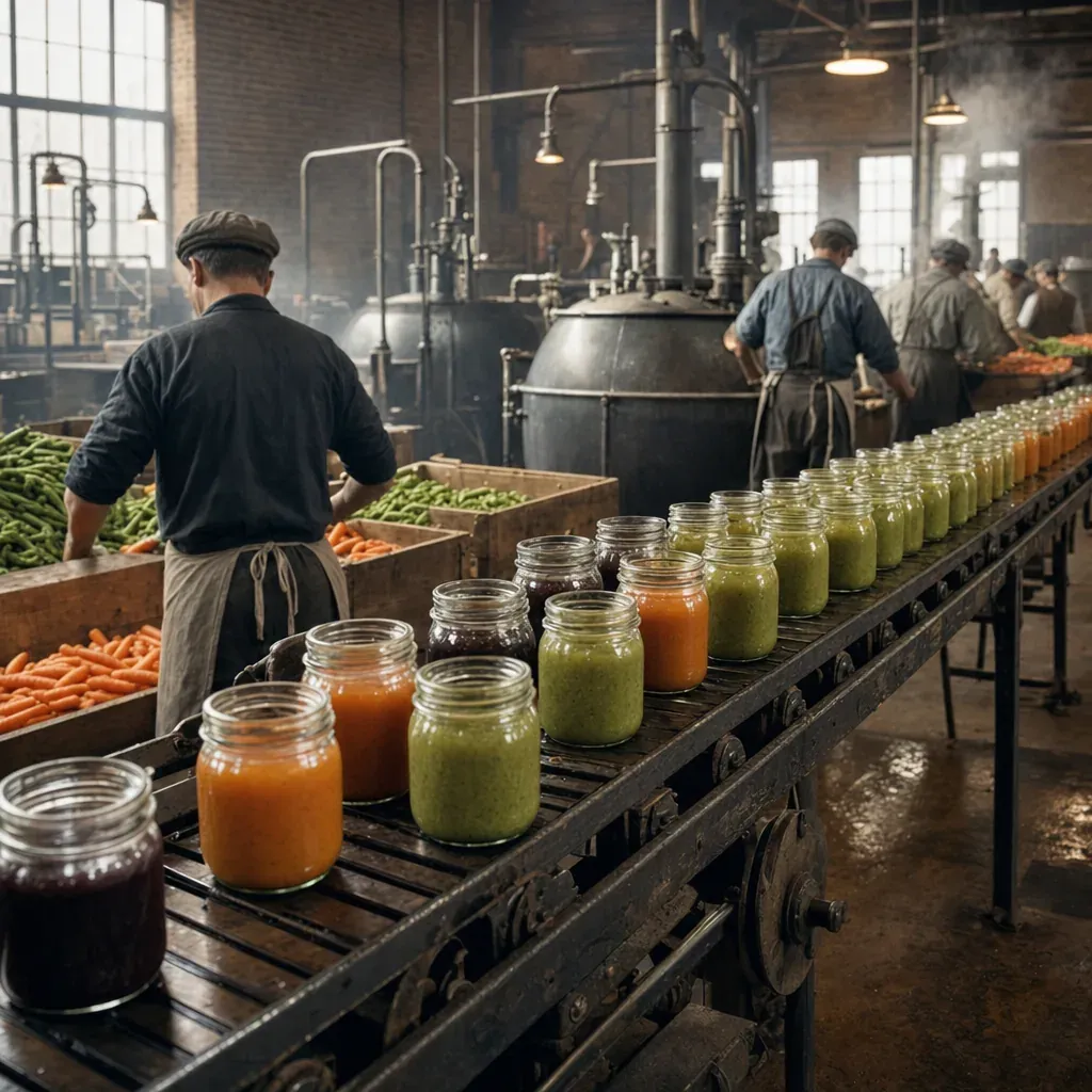 Plain glass jars of strained vegetables move through a 1920s canning factory.
